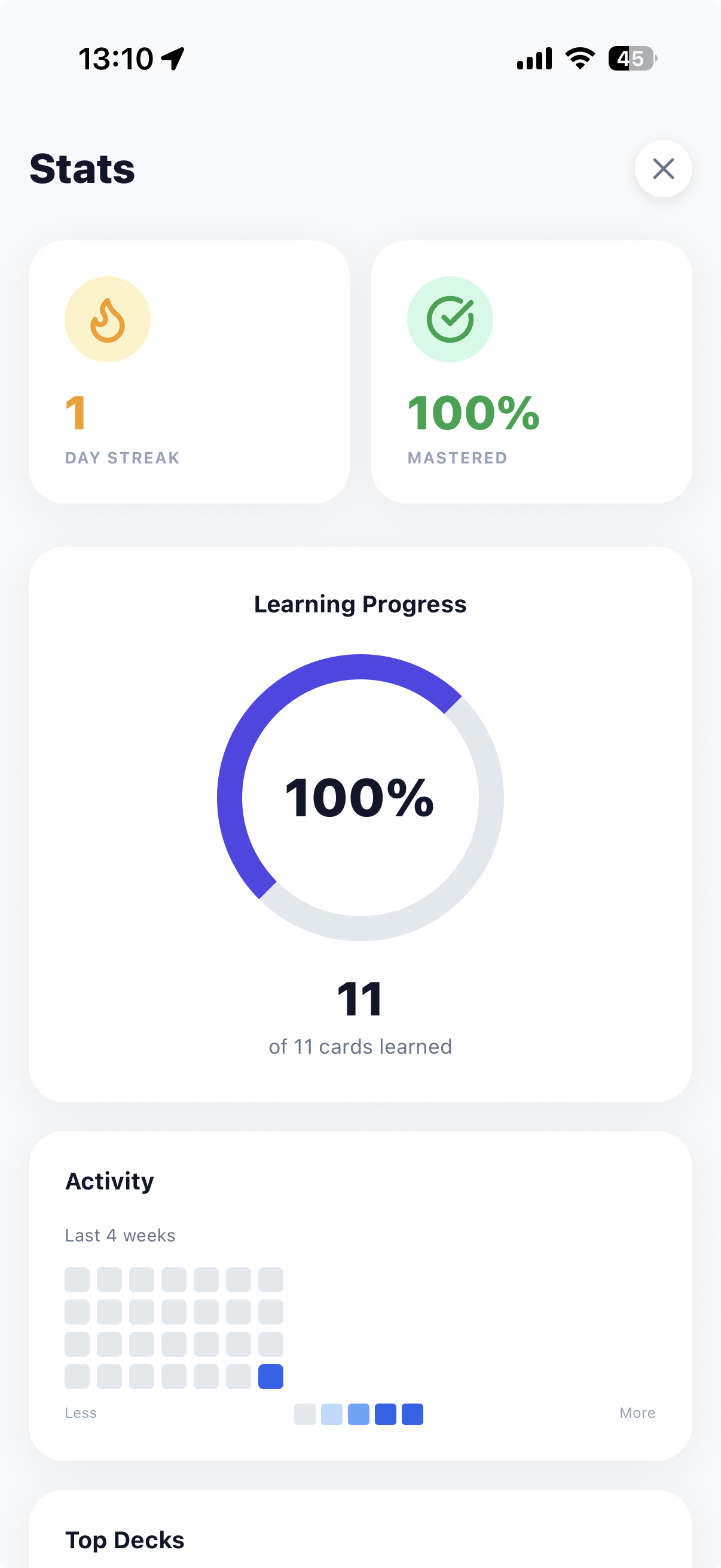 CardCraft stats and learning progress